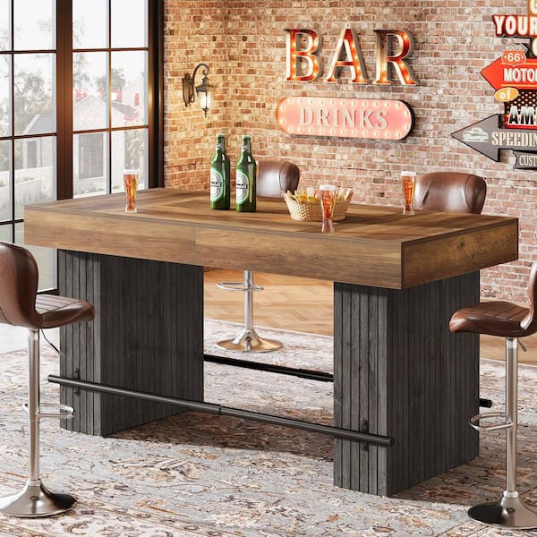63 in. Brown Wood Rectangle Bar Table with Metal Footrest, Industrial Counter Height Pub Bar Unit Kitchen Bistro Home