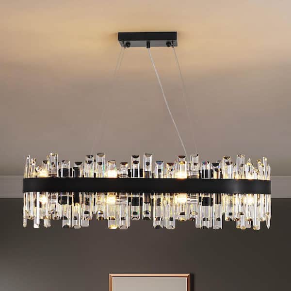 35.5 in. Dimmable 16-Light Crystal Chandelier Modern Black Rectangular Chandelier with Clear and Crystal Accents