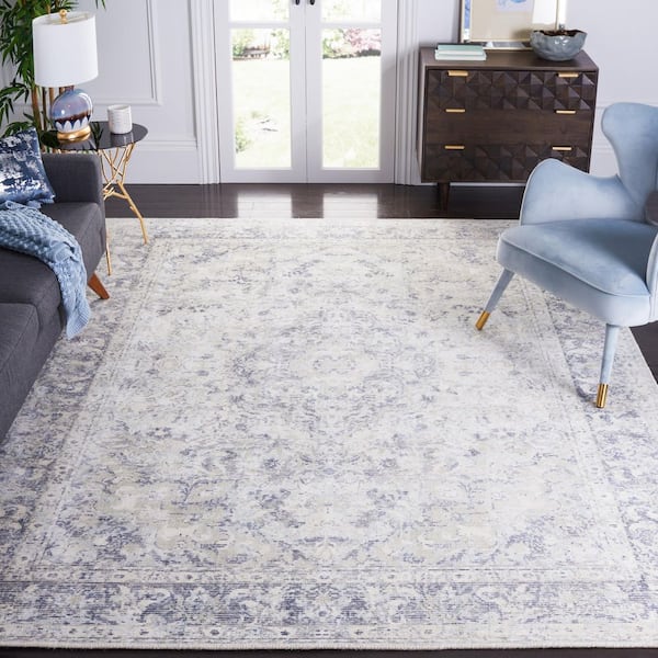 Restoration Vintage 8 ft. x 10 ft. Ivory/Blue Ornate Border Medallion Area Rug