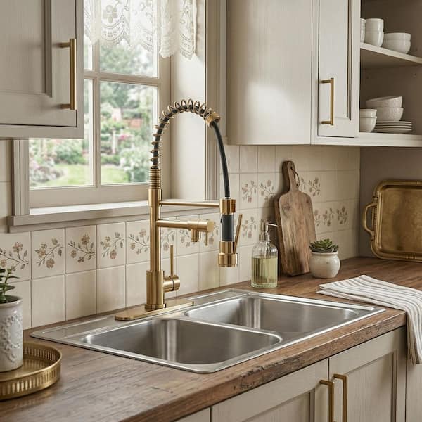 Single Handle Pull Down Sprayer Kitchen Faucet with Brass and 2 Water Modes in Gold