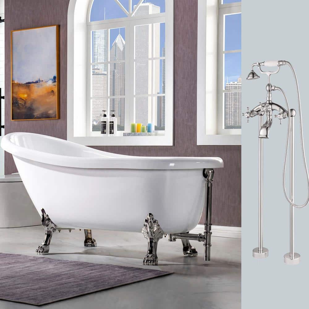 WOODBRIDGE Salem 67 in. Heavy Duty Acrylic Slipper Clawfoot Bath Tub in White Faucet, Claw Feet