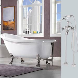Salem 67 in. Heavy Duty Acrylic Slipper Clawfoot Bath Tub in White Faucet, Claw Feet, Drain & Overflow in Brushed Nickel