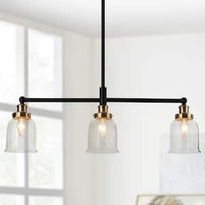27 in. 3-Light Black Island Chandelier Lighting, Seeded Glass Pendant Light, Modern Brass Gold Linear Hanging Light