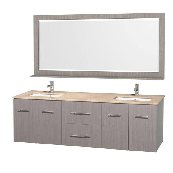 Wyndham Collection Centra 72 in. Double Vanity in Grey Oak with Marble Vanity Top in Ivory and Undermount Sink and Mirror