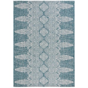 Courtyard Teal/Gray 8 ft. x 11 ft. Distressed Geometric Floral Indoor/Outdoor Area Rug