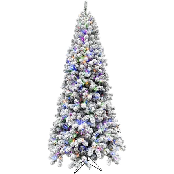 Fraser Hill Farm 10 ft. Pre-Lit Flocked Akaskan Pine Artificial Christmas Tree with Multi-Color LED String Lighting