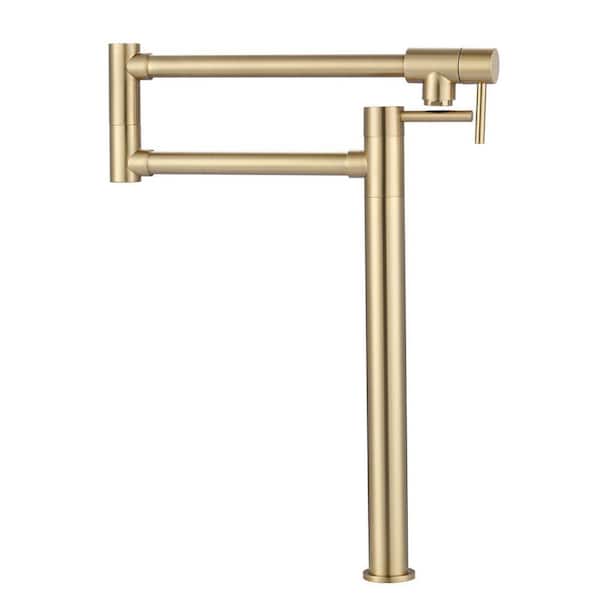 Deck Mounted 2-Handle Brass Pot Filler Folding Kitchen Faucet with Stretchable Double Joint Swing Arms in Bruhsed Gold