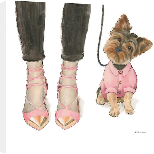 Unframed Animal 30 in. x 30 in. Pink Shoes and Cute Dog Mixed Media Wall Art