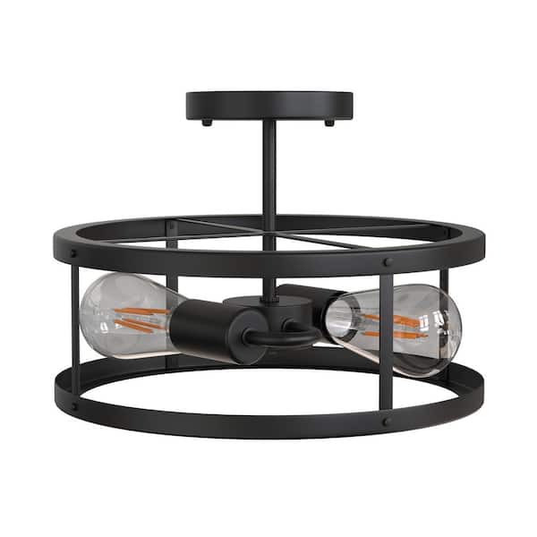 YANSUN 13 in. 2-Light Rustic Farmhouse Black Flush Mount Ceiling Light Drum Fixture for Hallway Kitchen Bedroom