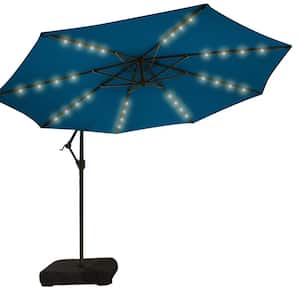 10 ft. Solar LED Patio Offset Umbrella Outdoor Cantilever Umbrella Hanging Umbrellas with Weighted Base in Royal Blue