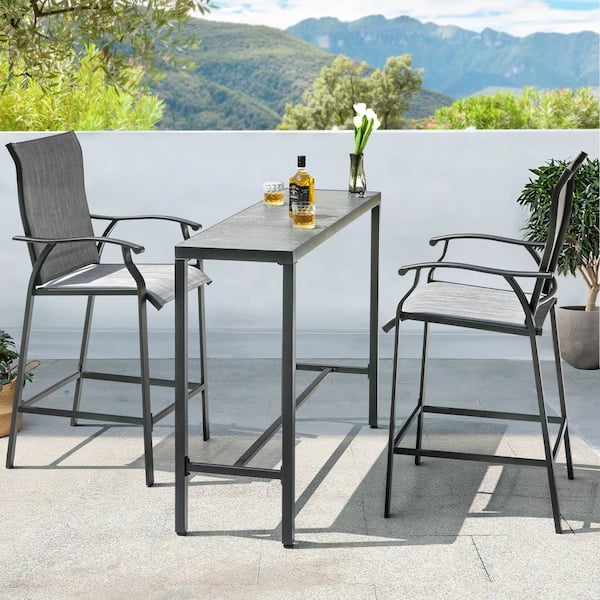 Nuu Garden Black 3-Piece Textilene and Metal Outdoor Patio Bar Set with High Backrest and Tempered Glass Tabletop