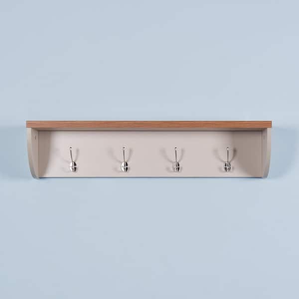 White Entryway Wall Mounted Coat Rack with 4 Dual Hooks Living Room Wooden Storage Shelf
