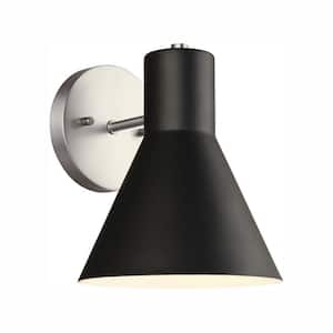 Towner 7 in. 1-Light Brushed Nickel Modern Contemporary Wall Sconce Vanity Light with Black Metal Shade and LED Bulb