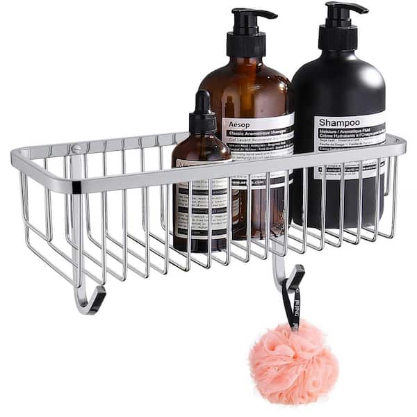 Wall Mounted Rectangle Shower Caddy Shower Basket with 2-Hooks in Stainless Steel Polished Chrome