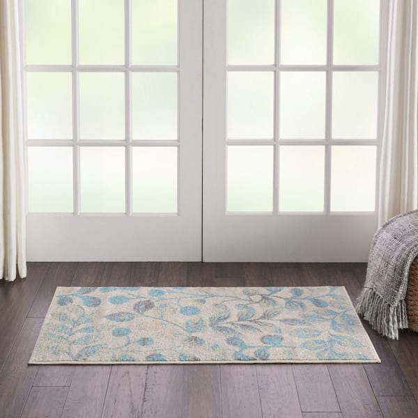 Tranquil Ivory/Turquoise doormat 2 ft. x 4 ft. Floral Modern Kitchen Area Rug