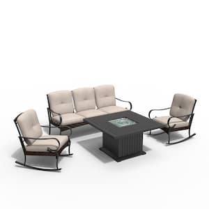 Monday Black 4-Piece Aluminum Patio Fire Pit Conversation Sofa Set with Beige Cushions