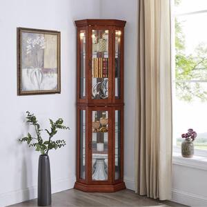 Walnut 6-Tier Curio Diapaly Accent Cabinet w/Adjustable TemperedGlass Shelves, Mirrored Back, E26 LightBulb Not Included