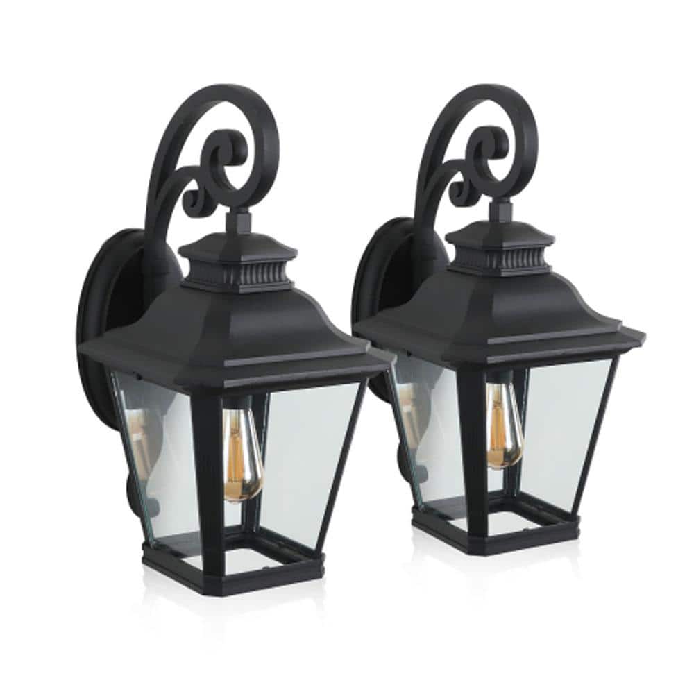 2-Pack Black Dusk to Dawn Sensor Outdoor Wall Lantern Sconce with Clear Gla