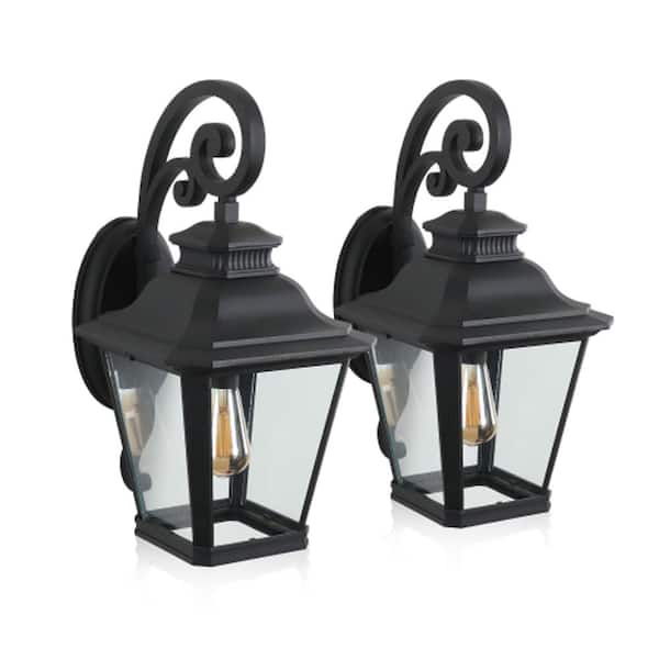 2-Pack Black Dusk to Dawn Sensor Outdoor Wall Lantern Sconce with Clear Glass Panels, Weatherproof Integrated LED