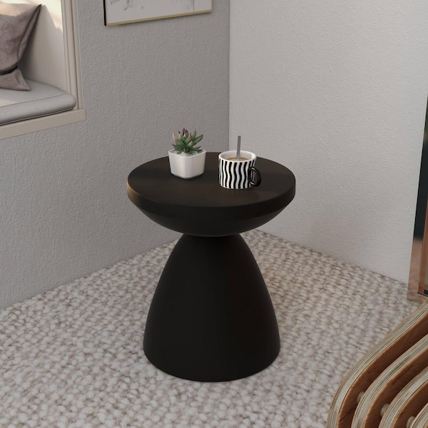 Dune Modern Round Side Table in Fiberstone for Indoor and Outdoor Accent Table Pedestal Base in Black