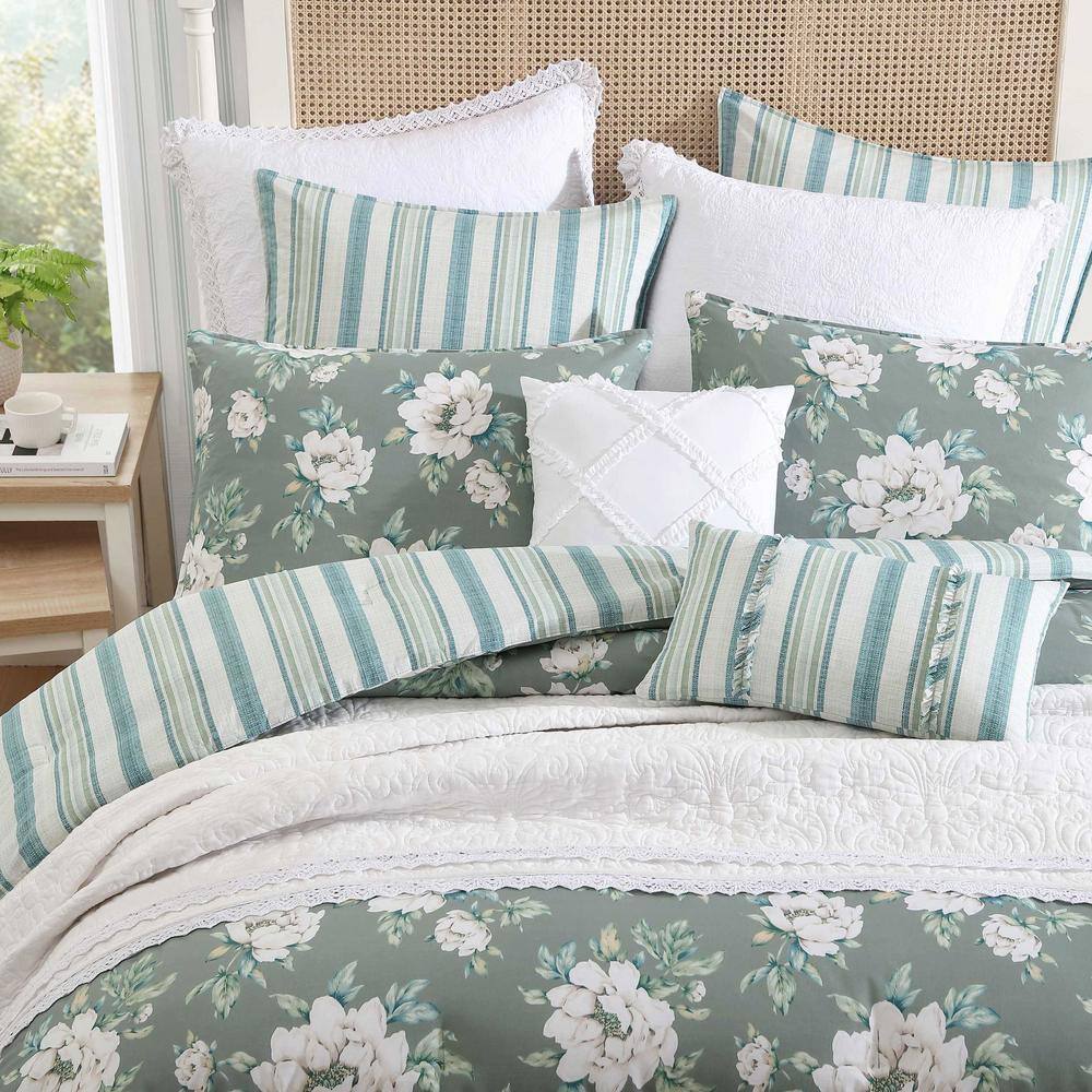 Ivory and Sage Green Cotton Twin Reversible Comforter Set