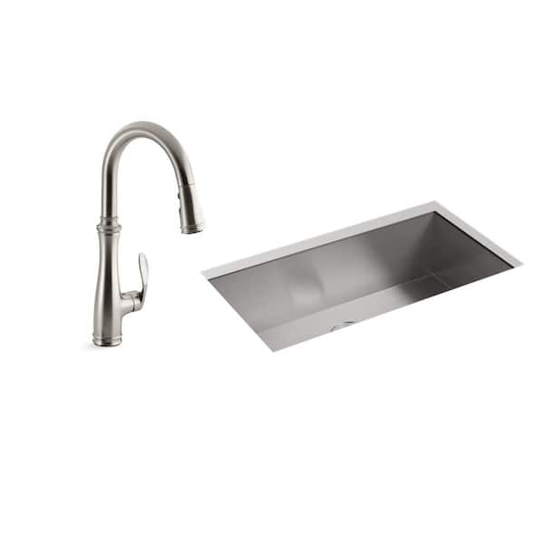 KOHLER Lyric Undermount Stainless Steel 32 in. Single Bowl Kitchen Sink with Bellera Faucet in Vibrant Stainless