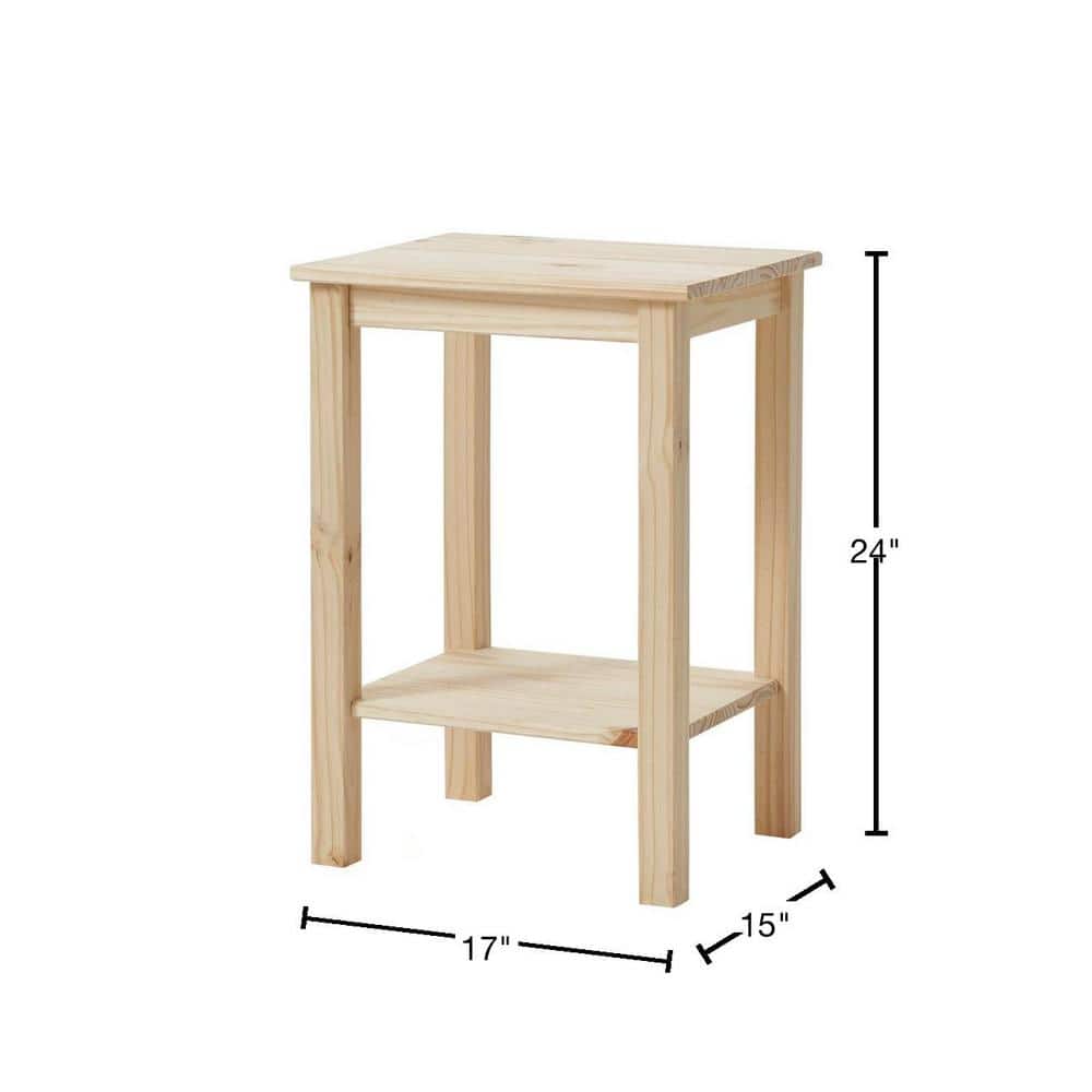 Unfinished Natural Pine Wood Square End Table with Shelf