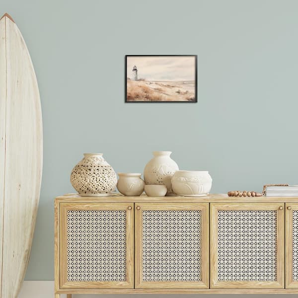 Distant Lighthouse in Neutral Tones by Arlington Prints Black Framed Nature Giclee Art Print 12 in. x 18 in.