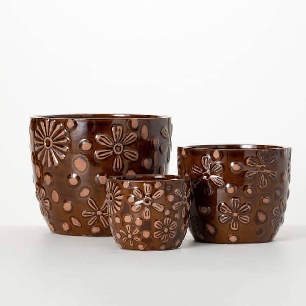 SULLIVANS 9 in., 7 in. & 5 in. Floral Embossed Brown Indoor/Outdoor Planters Set of 3, Clay