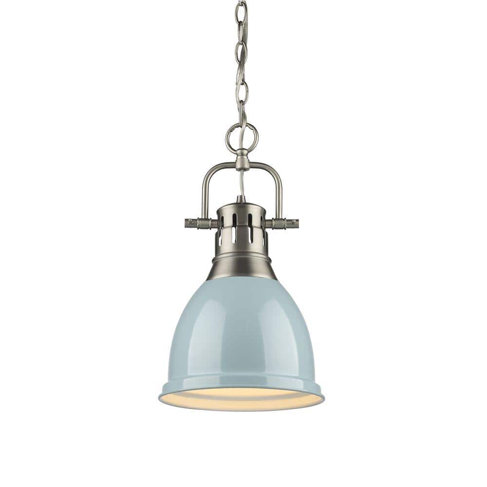 Transitional Mini Pewter Pendant with Seafoam Shade - 8.88" Indoor/Outdoor