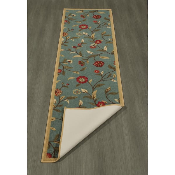Non-Slip Area Rug Ottomanson Ottohome Collection Garden Design Modern Skid Rubber Backing 20 X 59, Sage Green Floral 8 Sq Ft
