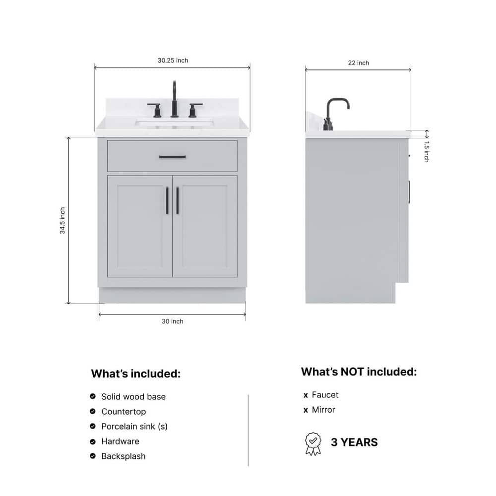 Hepburn 30" Grey Freestanding Single Basin Vanity with Quartz Top