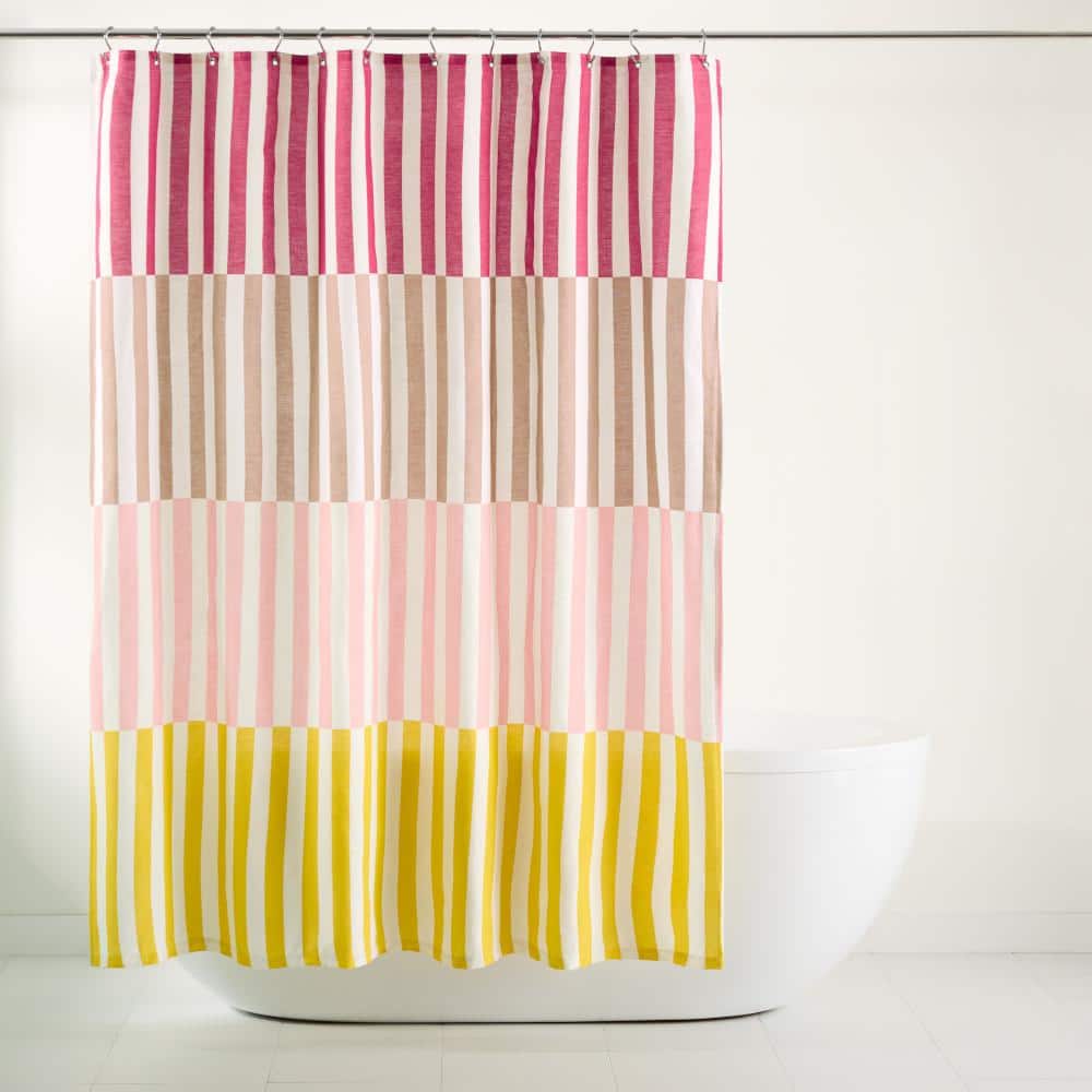 Adeline Pink Beige Yellow Cotton Stripe Shower Curtain 70" x 72"