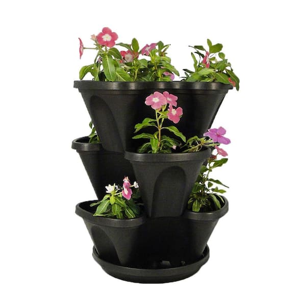 Nancy Jane Vertical Gardening Self-Watering 12 in.Stacking Planters in Black - 3-Pack Hanging Set