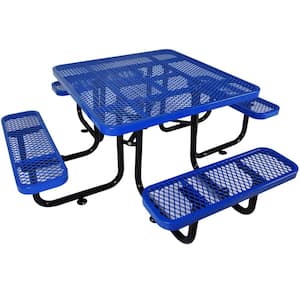 Blue Square Metal Outdoor Picnic Table with Umbrella Hole