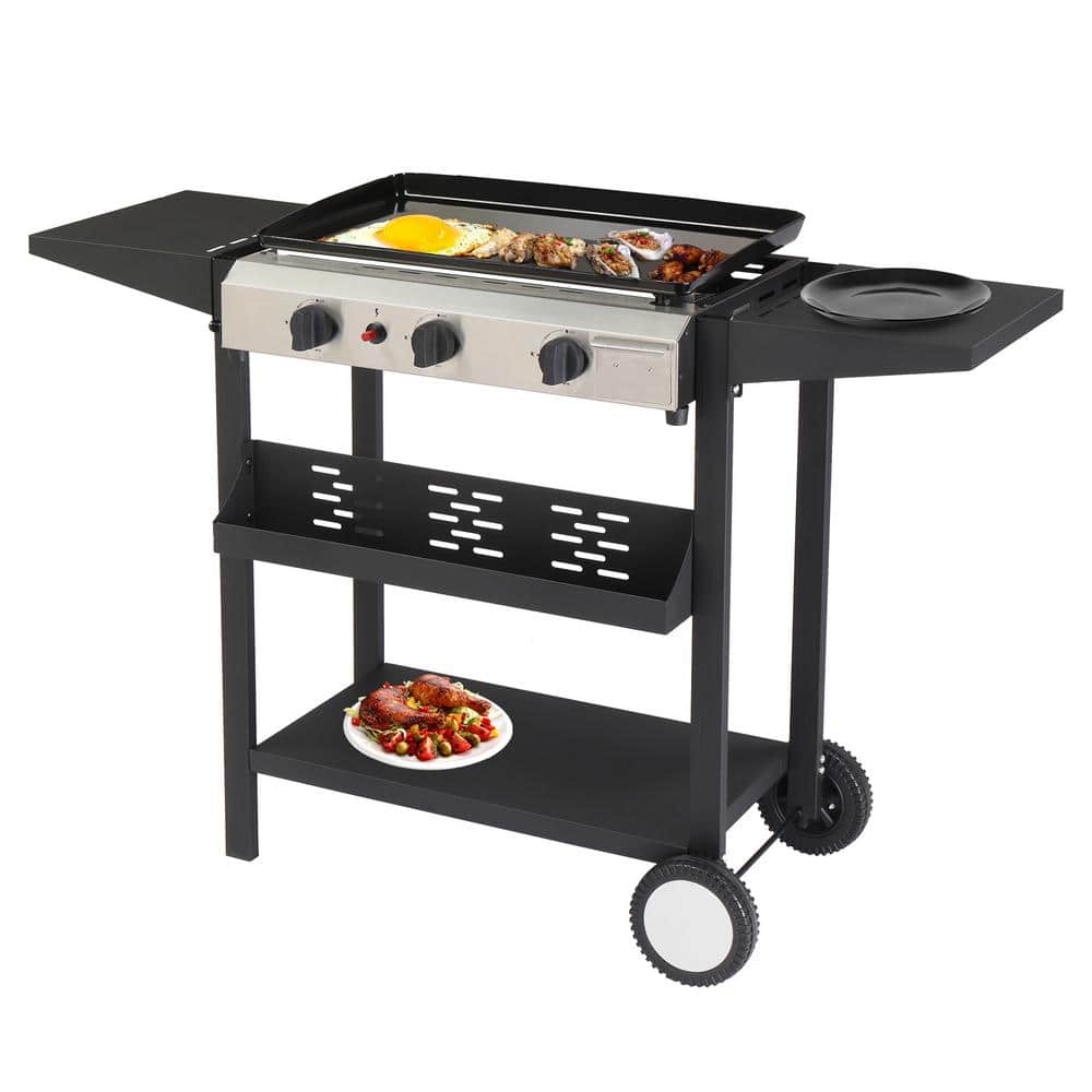Black 3-Burner Propane Gas Griddle Cooking Station with Folding Shelves
