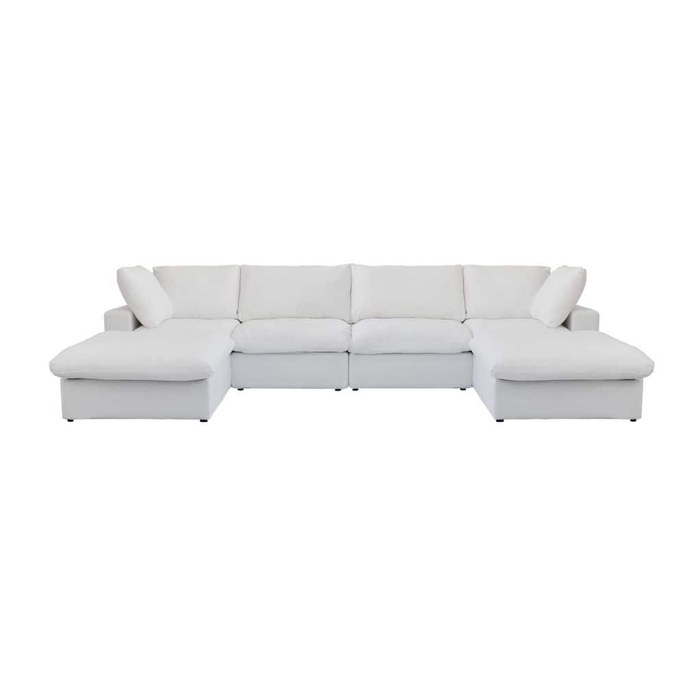 6-Piece 157.32 in. Square Arm Linen Modular Down-Filled Deep Seat Sofa with Storage Ottoman in White