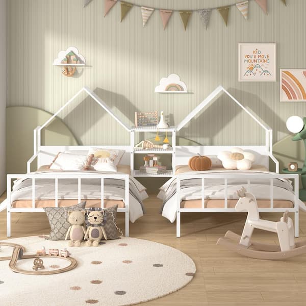 Qualler White Twin Size Metal Double Platform Bed with a Built-in Nightstand and House-shaped Headboard