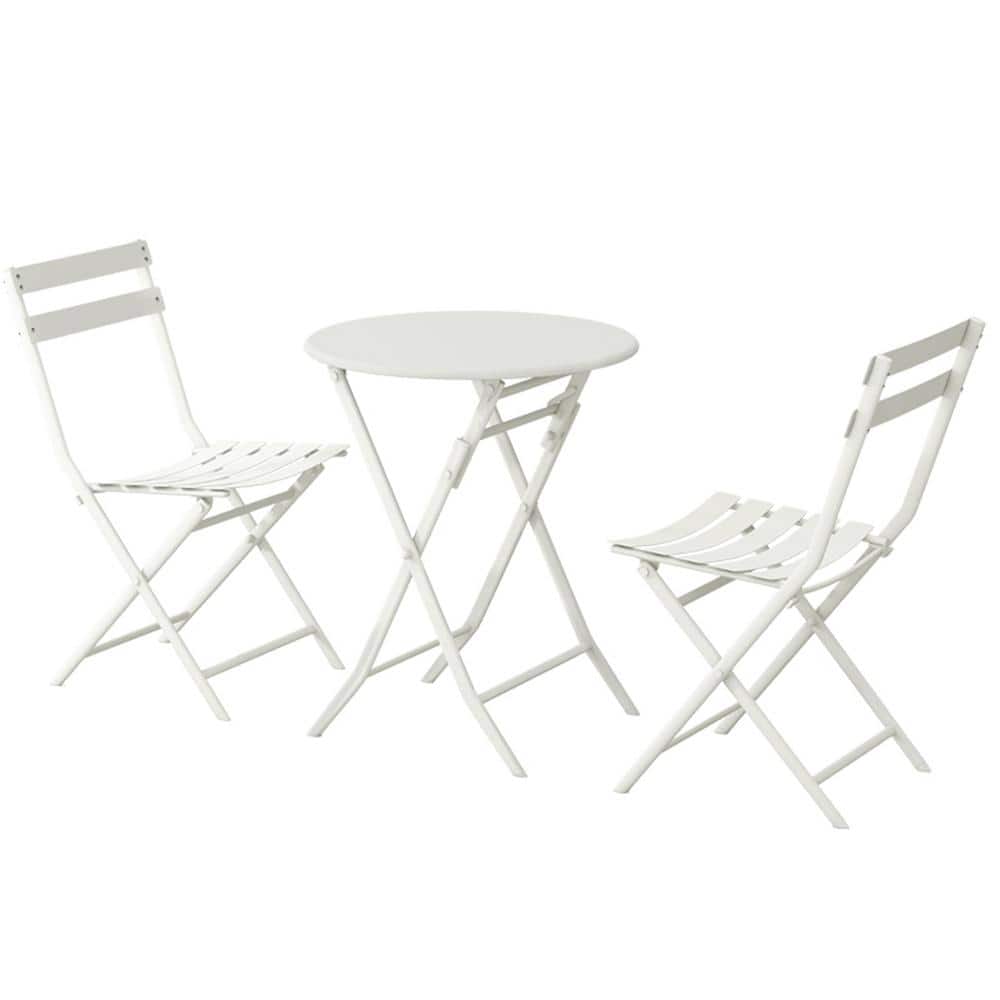 3-Piece Metal Outdoor Bistro Set of Foldable Round Table and Chairs in Whit