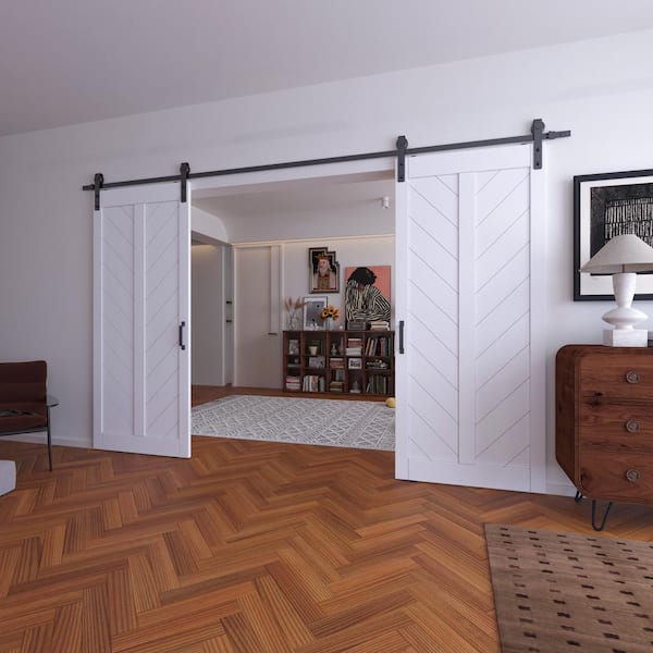 72 in. x 84 in. (2 in. x 36 in. Doors) White V-Shape Finished, MDF Sliding Barn Door with Hardware Kit .