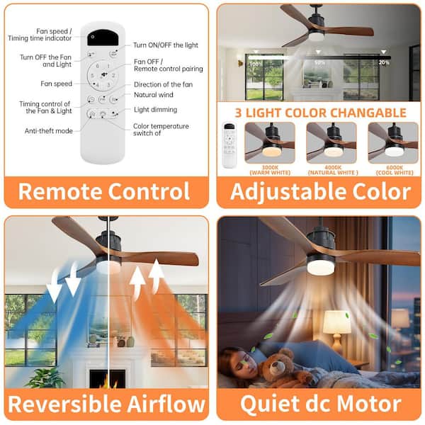 Classic 60 in. Brown Smart Ceiling Fan Indoor Walnut Low Profile Modern with 3000K LED with Remote Downrod Mount