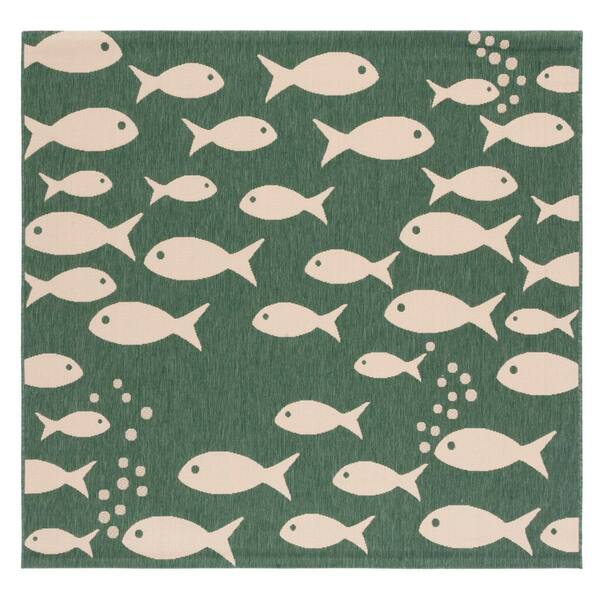 Courtyard Dark Green/Ivory 4 ft. x 4 ft. Novelty Fish Indoor/Outdoor Square Area Rug