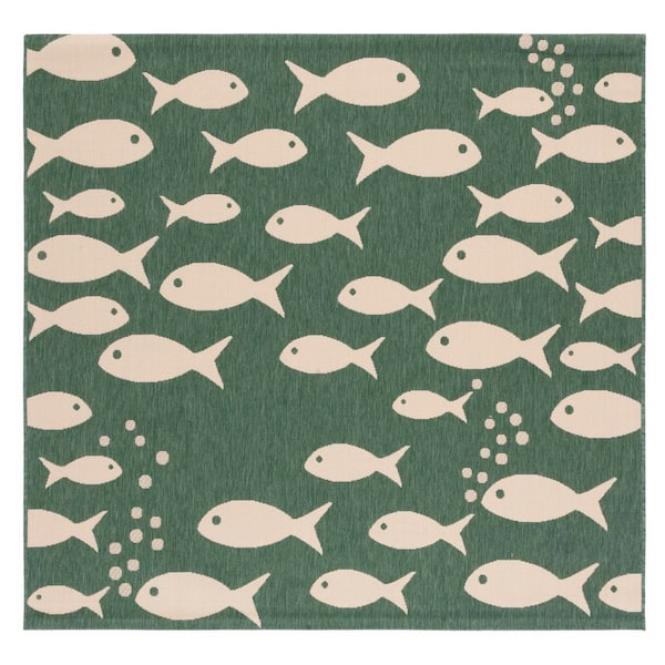Courtyard Dark Green/Ivory 7 ft. x 7 ft. Novelty Fish Indoor/Outdoor Square Area Rug