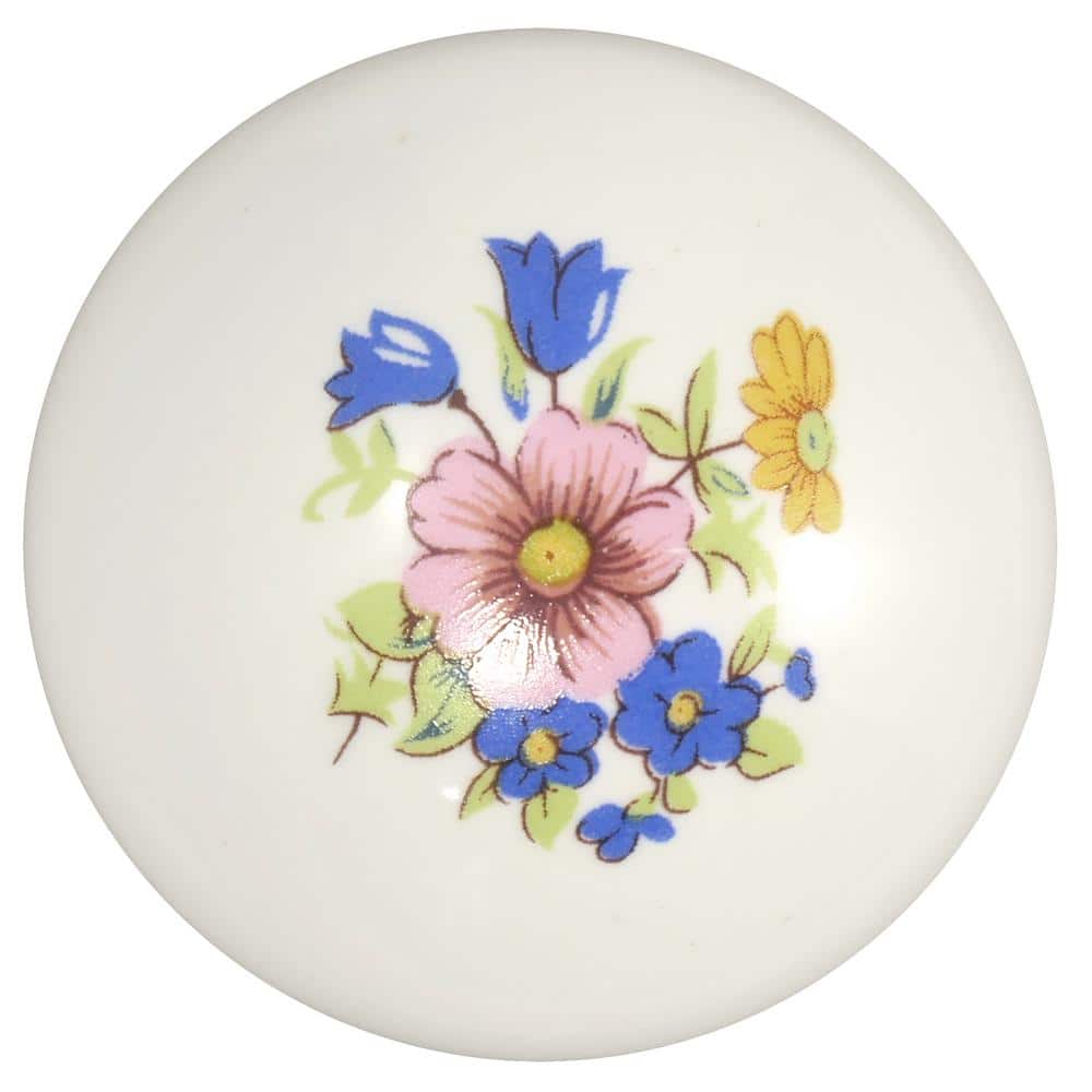 White Porcelain Round Cabinet Knob with Floral Design