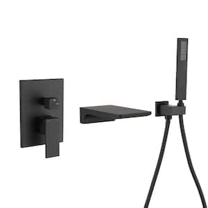 Single-Handle Wall-Mount Roman Tub Faucet with Handheld Shower and Waterfall Spout Pressure Balance in Matte Black