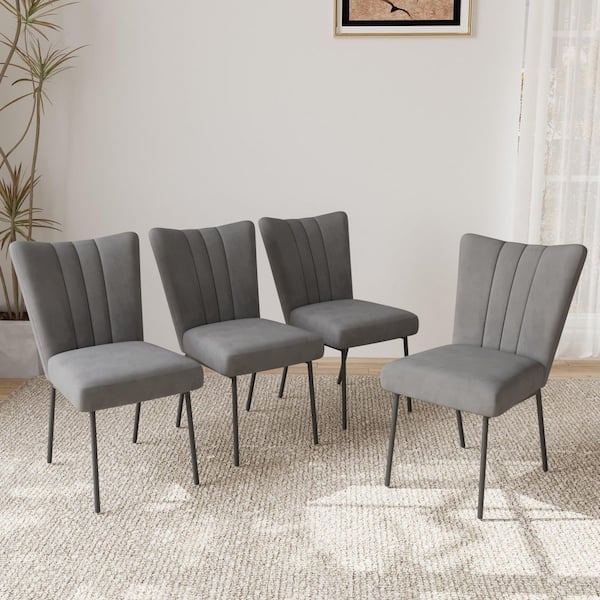 GOJANE Gray Velvet Upholstered Back Dining Side Chair with StableSteel ...