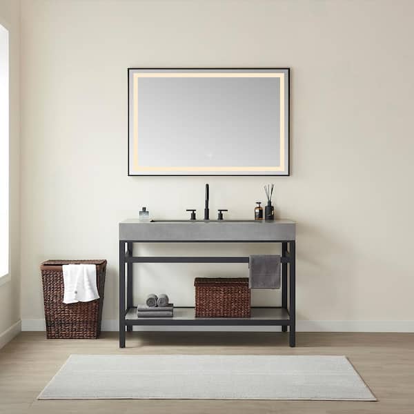 ROSWELL Lleida 48 in. W x 22 in. D x 34 in. H Bath Vanity in Matt Black with Grey Natural Sintered Stone Top