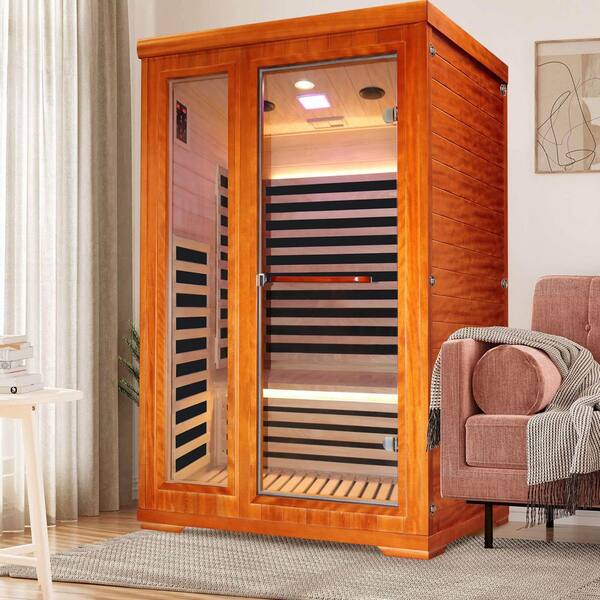 Aoguman Wood 1-Person Far Infrared Sauna with 7 Heating Panels, Key Control, Bluetooth Audio, and LED Lighting