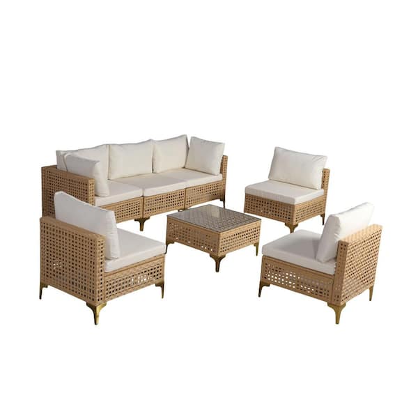 New 7 Pieces Wicker Outdoor Patio Conversation Furniture Set with Cushion Guard Beige Cushions