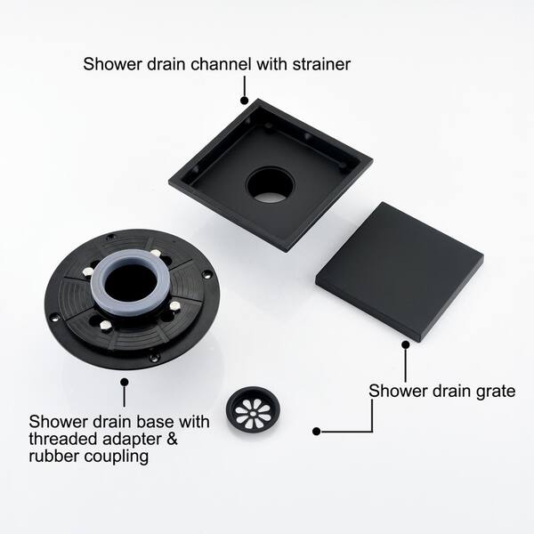 4-1/4 Square Shower Floor Drain with Black Matte Strainer – ensungoo